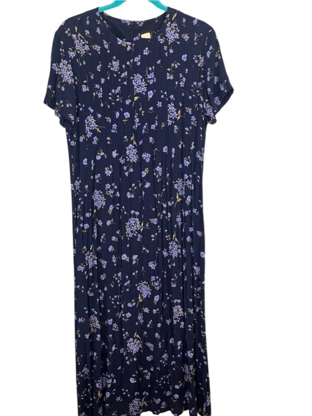 Colorful Floral Pleated Maxi Dress Blue 8 Boho Indie Artsy Cottage Country Folk